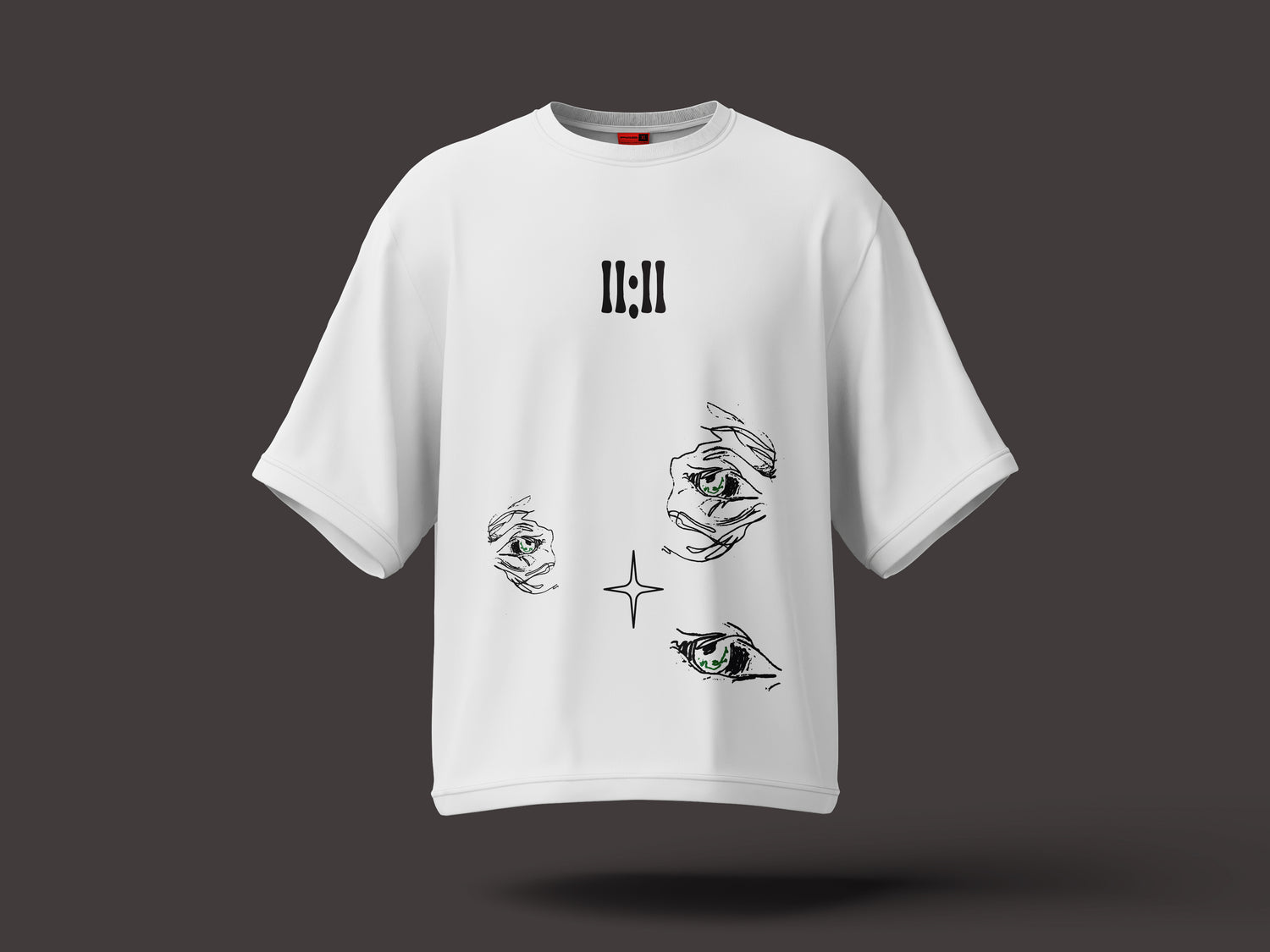 PjTees White t-shirt with black graphics on a dark gray background
