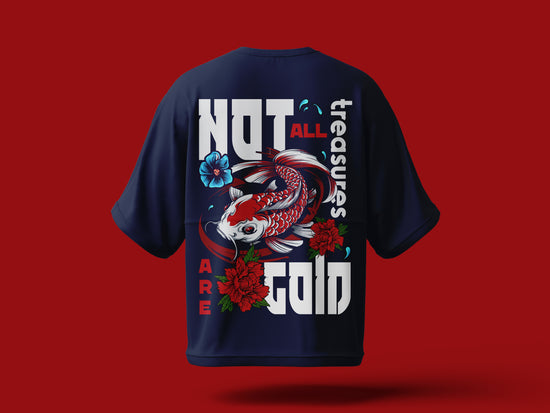 PjTees Navy blue t-shirt with a koi fish design and text on a red background