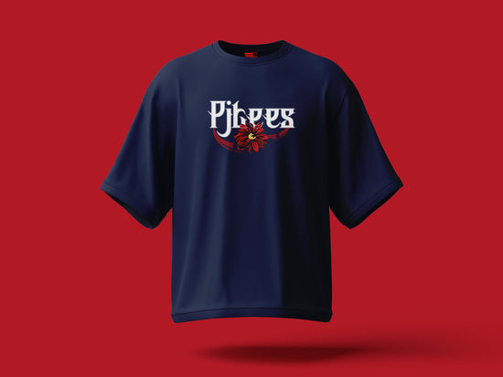 PjTees Navy blue t-shirt with a logo on a red background